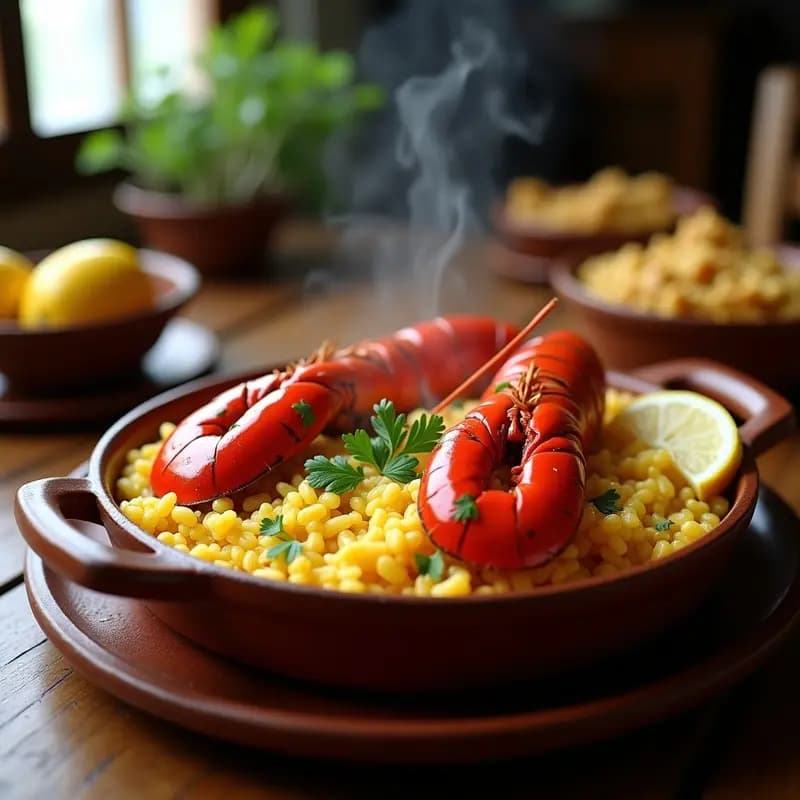 Cazuela de barro humeante con arroz cremoso y trozos de bogavante rojo intenso, decorado con perejil fresco y gajos de limón, receta de arroz con bogavante a la cazuela de lujo casera.