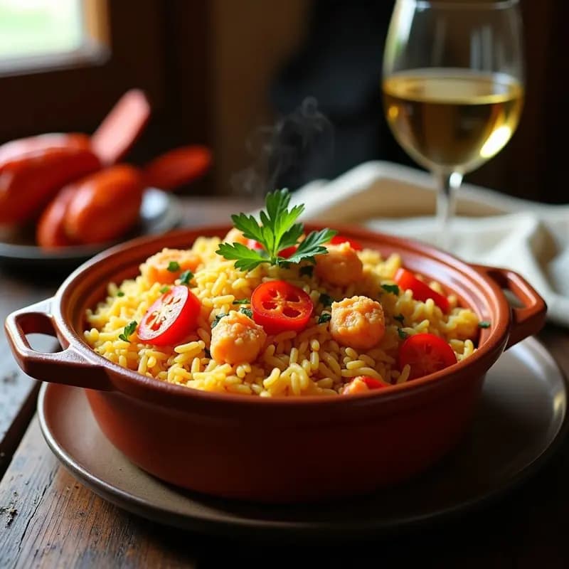 Cazuela de barro humeante con arroz con bogavante a la zorza, trozos de bogavante dorado, chorizo gallego y pimentón, decorado con perejil fresco sobre fondo rústico de madera.