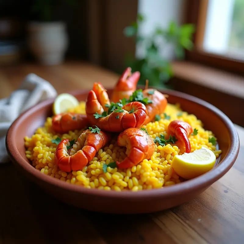Plato hondo de barro con arroz con bogavante a la Zorzaleña, receta tradicional gaditana en olla exprés, bogavante troceado sobre un lecho de arroz amarillo, decorado con perejil y limón.