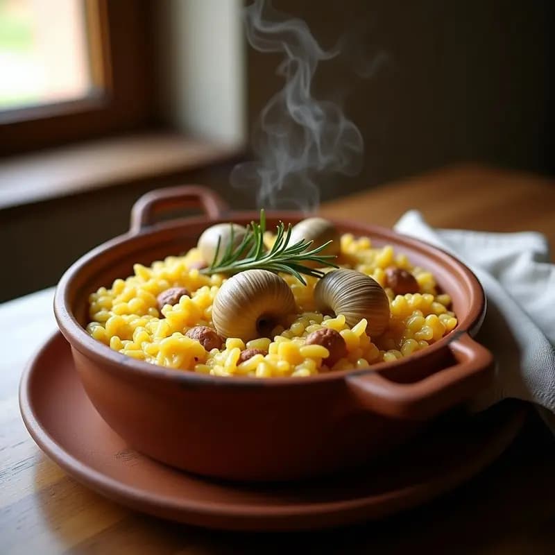 Cazuela de barro humeante con arroz con bugre y conejo, trozos de conejo dorados, bugre verde y arroz meloso, decorado con ramita de romero fresco sobre fondo rústico de madera.