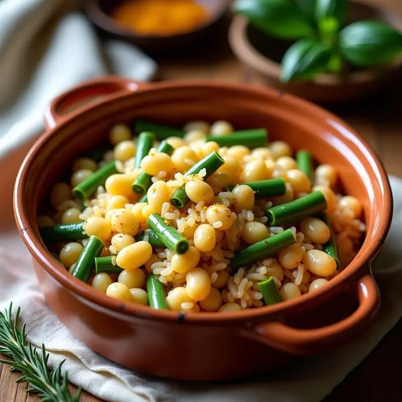 Cazuela de barro humeante con arroz con bugre y judías verdes, típico de la huerta murciana, servido con un toque de azafrán y aceite de oliva.