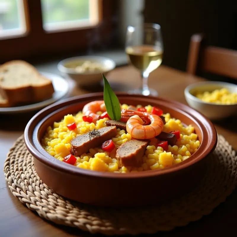 Cazuela de barro con arroz caldero humeante, trozos de conejo dorado, gambas rosadas y ñoras, típico plato murciano de la huerta y el mar.