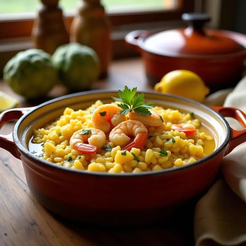Olla de barro humeante con arroz caldoso valenciano, alcachofas tiernas y gambas rosadas, decorado con perejil fresco y un toque de azafrán dorado.