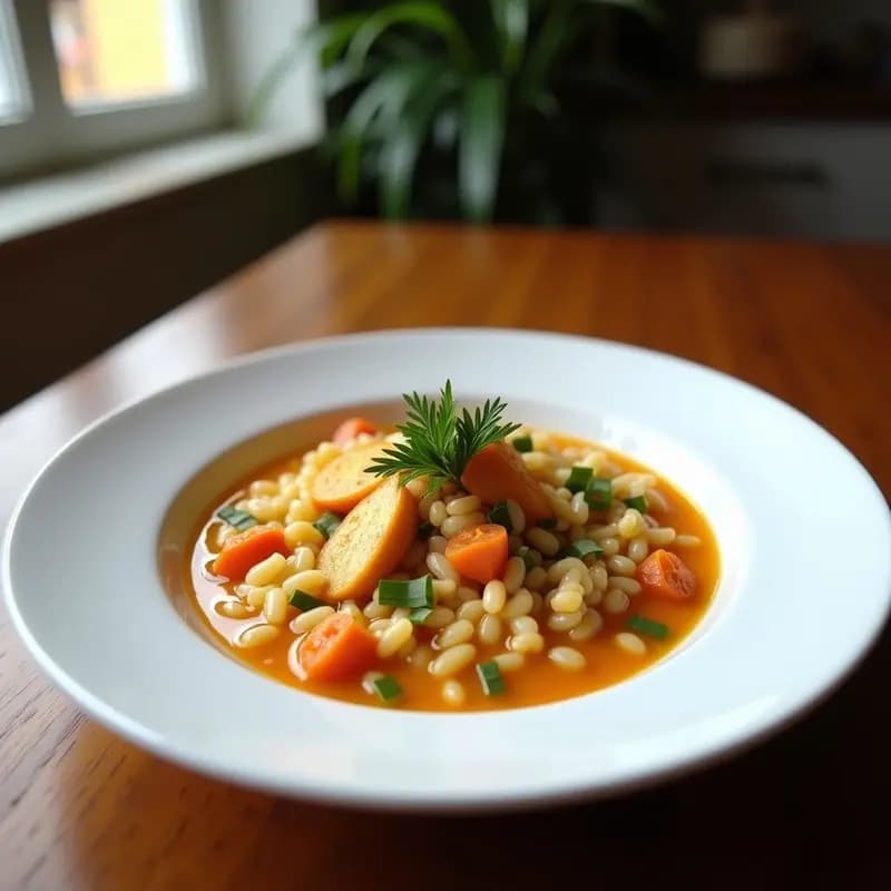 Cazuela de barro humeante con arroz caldoso de color dorado, trozos de bogavante rosa y verduras verdes y naranjas. Decorado con perejil fresco y gajos de limón, receta de arroz con bogavante al estilo mediterráneo.