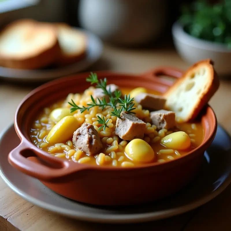 Cazuela de barro humeante con arroz caldoso, trozos de conejo dorado y alcachofas tiernas, servido en una mesa rústica de madera con pan tostado al lado.