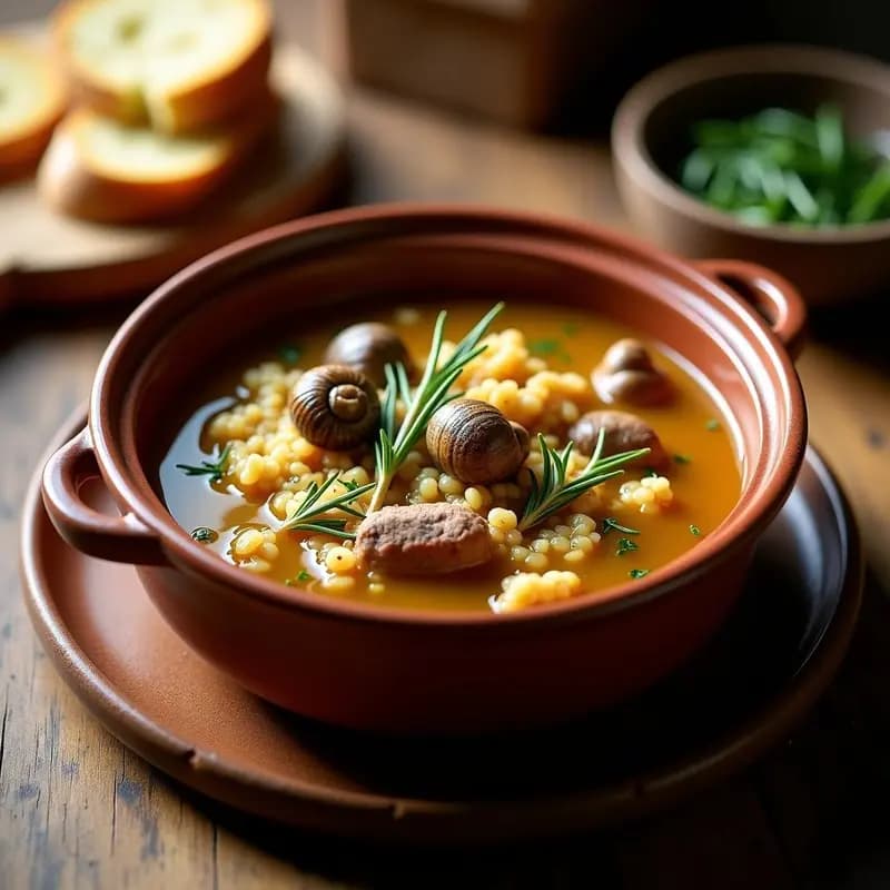 Cazuela de barro humeante con arroz caldoso con conejo y caracoles a la mallorquina, sofrito de hierbas visibles, trozos de conejo y caracoles, rodeado de hierbas frescas y pan rústico.