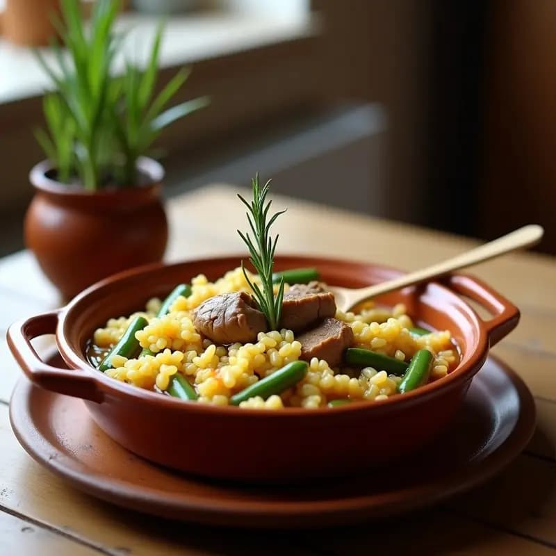 Cazuela de barro humeante con arroz caldoso con conejo y judías verdes, trozos de carne dorada y verduras, servido en plato rústico con ramita de romero.
