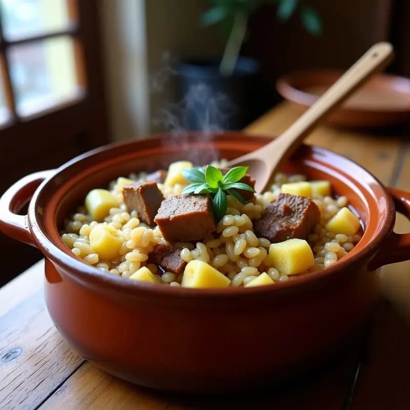 Cazuela de barro humeante con arroz caldoso, trozos de costilla de cerdo jugosa y alcachofas tiernas, servido con una cuchara de madera. Plato típico de invierno español.