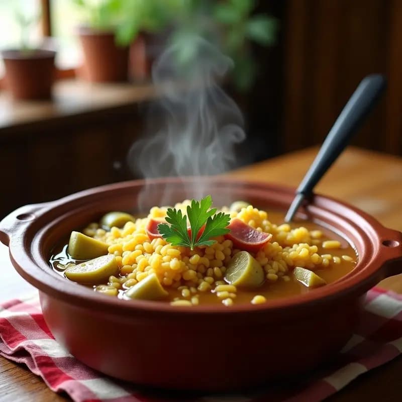 Olla de barro humeante con arroz caldoso con costras y alcachofas, corazones de alcachofa verdes, trozos de costra de jamón dorada y granos de arroz bomba absorbentes, servido en plato hondo rústico.