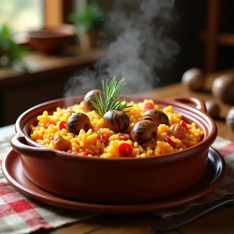 Cazuela de barro humeante con arroz a la caza, trozos de conejo dorado y caracoles, decorado con romero fresco. Plato tradicional murciano con colores dorados y textura melosa.
