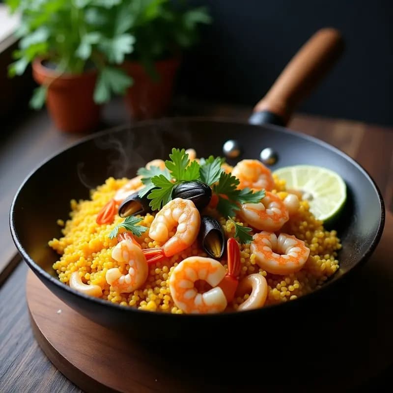 Wok humeante con arroz chaufa peruano dorado, mezclado con gambas rosadas, calamares tiernos y mejillones brillantes, salpicado de culantro fresco y rodajas de limón verde. Plato de fusión asiática con ají amarillo vibrante.