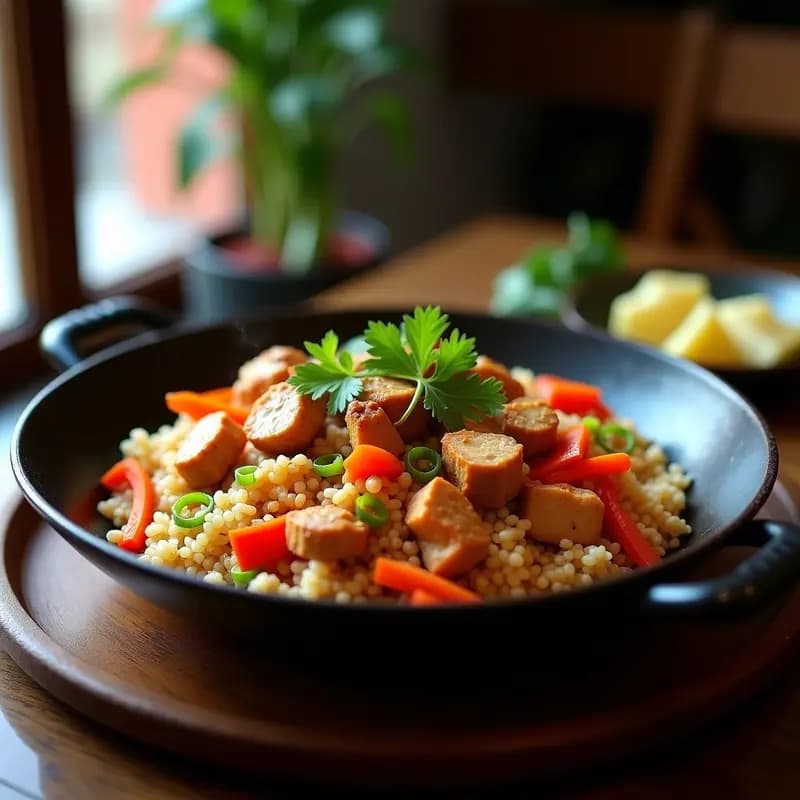 Wok humeante con arroz chaufa peruano dorado, trozos de pollo salteado, jengibre, zanahoria, pimiento rojo y cebollín fresco. Plato colorido y aromático típico del chifa, servido en bowl de cerámica negra.
