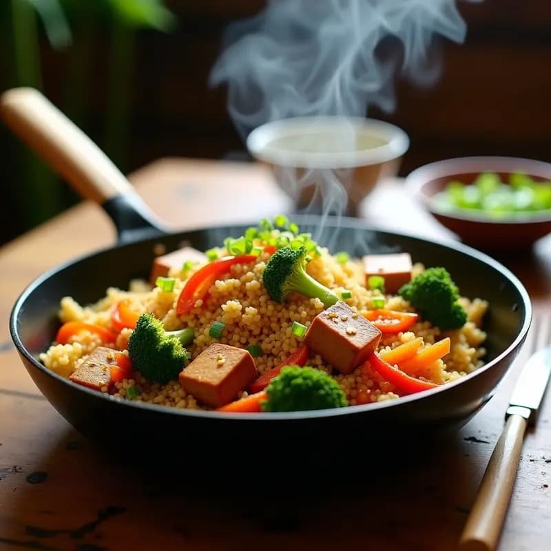 Wok de hierro con Arroz Chaufa de Quinoa vegano, lleno de verduras coloridas como zanahoria, pimiento rojo y brócoli, salteadas con salsa de soja. Plato decorado con semillas de sésamo y cebollino fresco, servido en un bowl de cerámica negra sobre una mesa de madera rústica.