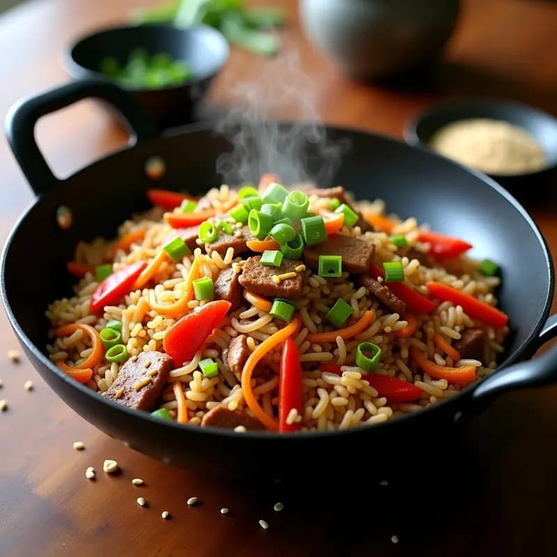 Wok con arroz chaufa peruano de color dorado, trozos de seitán marinado, vegetales coloridos (zanahoria, pimiento, cebolla morada) y brotes de soja, decorado con culantro fresco y rodajas de chile rojo sobre fondo rústico.