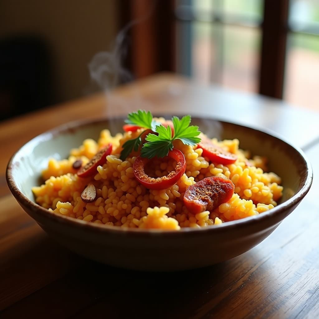 Plato hondo de barro con arroz de coliflor dorado, taquitos de chorizo vegano tostado y un toque de perejil fresco. Receta keto en airfryer con pimentón de la Vera y toque español.