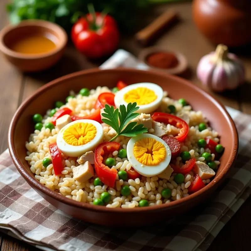 Plato hondo de barro con arroz con cosas de aprovecho: mezcla colorida de arroz, trozos de chorizo, pollo, guisantes, pimiento y huevo duro. Receta tradicional española de sobras de nevera.