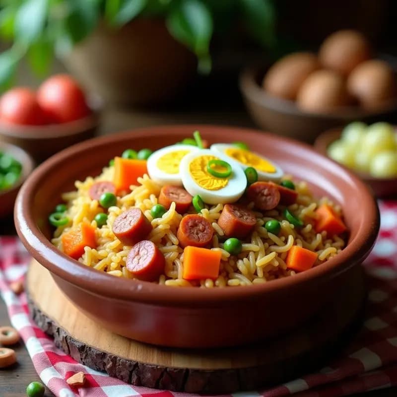 Plato hondo de barro con arroz con cosas, mezclado con trozos de pollo, chorizo, zanahoria, pimiento y guisantes, decorado con huevo duro picado. Receta tradicional española de aprovecho.