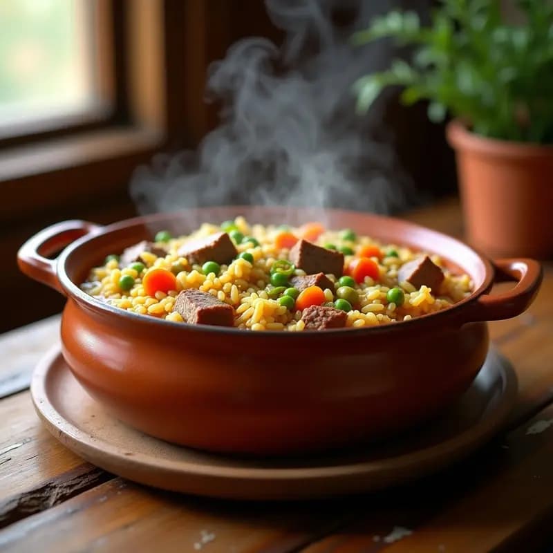 Olla de barro humeante con Arroz con Cositas murciano, mostrando trozos de costilla de cerdo, arroz redondo, pimiento verde, zanahoria y guisantes en un caldo espeso y dorado.