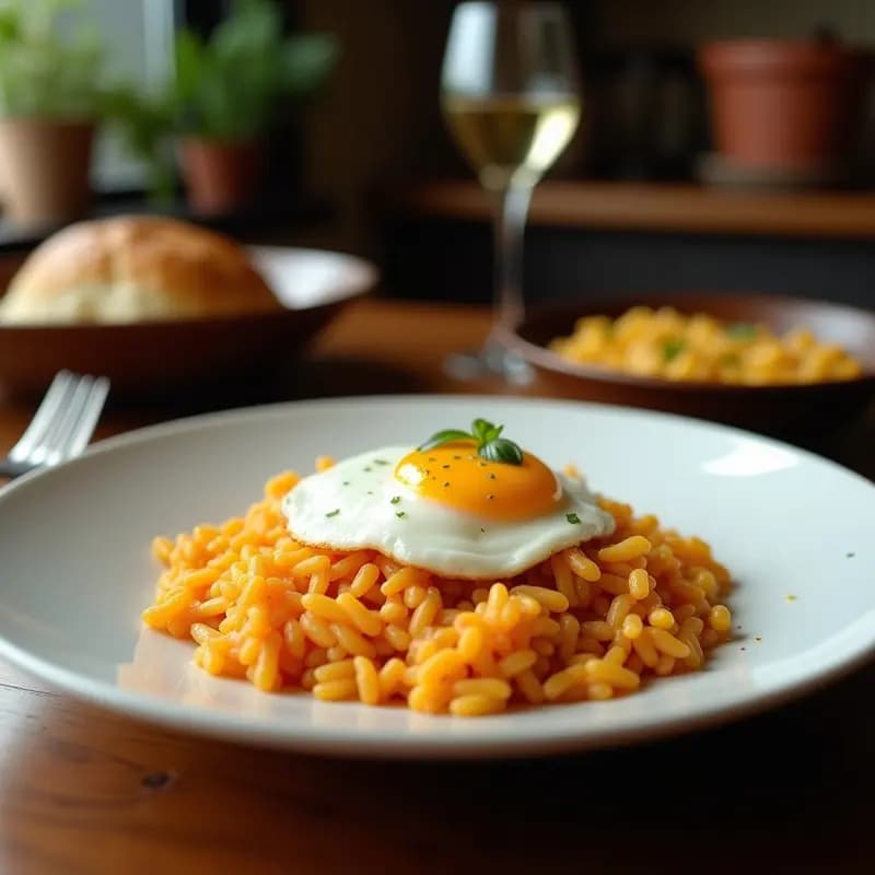 Cazuela de barro con arroz con costra manchego, huevos dorados y rodajas de morcilla, receta tradicional de La Mancha.