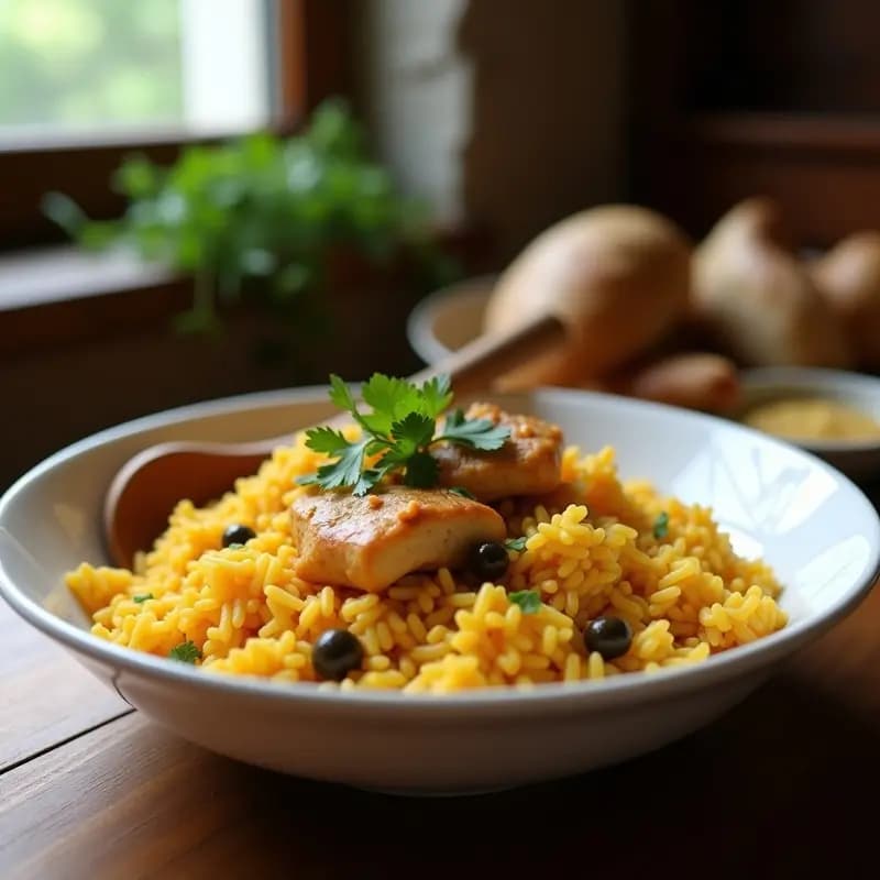 Plato hondo de cerámica blanca con arroz con pollo al estilo colombiano, trozos de pollo dorado, granos de arroz sueltos y cilantro fresco picado, servido con una cuchara de madera. Receta tradicional en olla a presión.