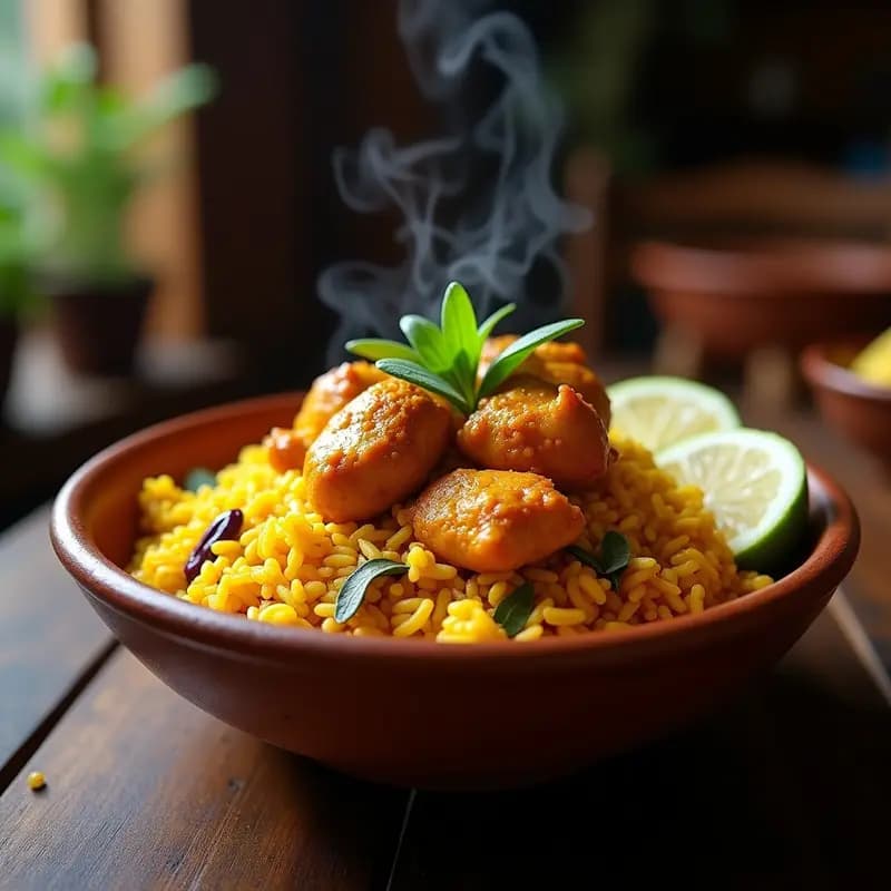 Plato hondo de barro con arroz con pollo peruano con cúrcuma y chili, trozos de pollo dorado, arroz amarillo intenso con vetas moradas, decorado con hojas de huacatay y rodajas de limón, sobre fondo rústico de madera oscura.