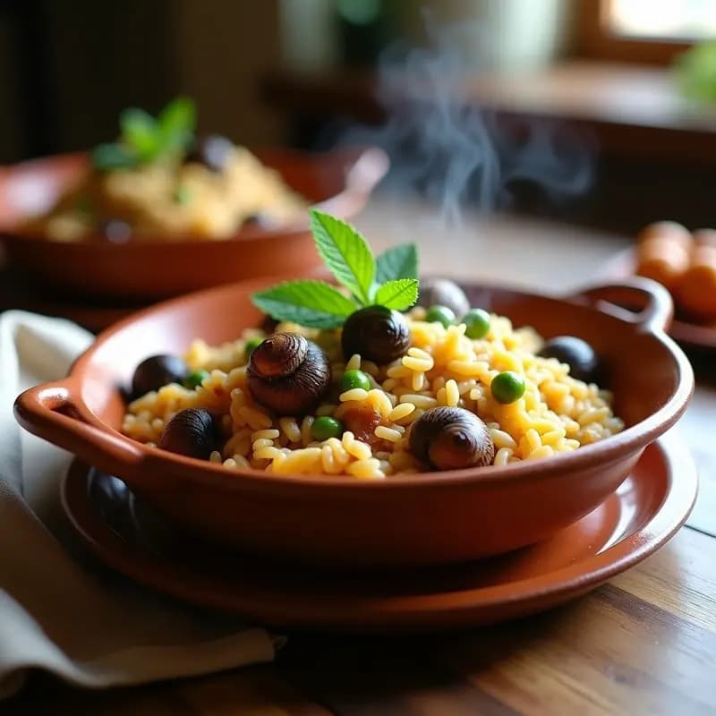 Cazuela de barro humeante con arroz con conejo y caracoles al estilo valenciano, servido con hierbabuena fresca y trozos de conejo dorado, típico guiso de monte tradicional.