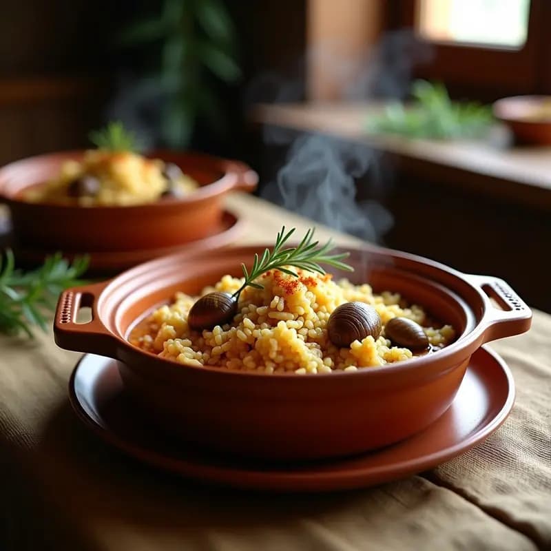 Cazuela de barro humeante con arroz con conejo y caracoles a la mallorquina, guiso de monte con aroma a romero, servido con ramas de romero fresco y un toque de pimentón por encima.