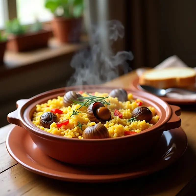 Cazuela de barro humeante con arroz con conejo y caracoles, receta de montaña española tradicional, servido con pan rústico al lado.