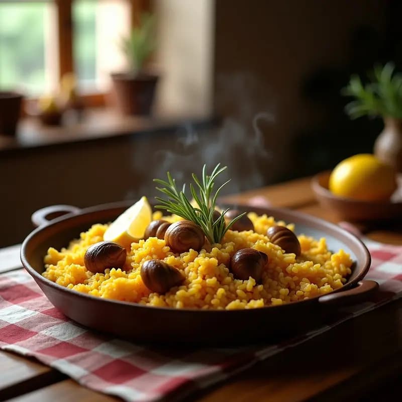 Paellera de barro repleta de arroz meloso con trozos de conejo dorado y caracoles, decorada con romero fresco y gajos de limón, receta tradicional valenciana de arroz con conejo y caracoles.