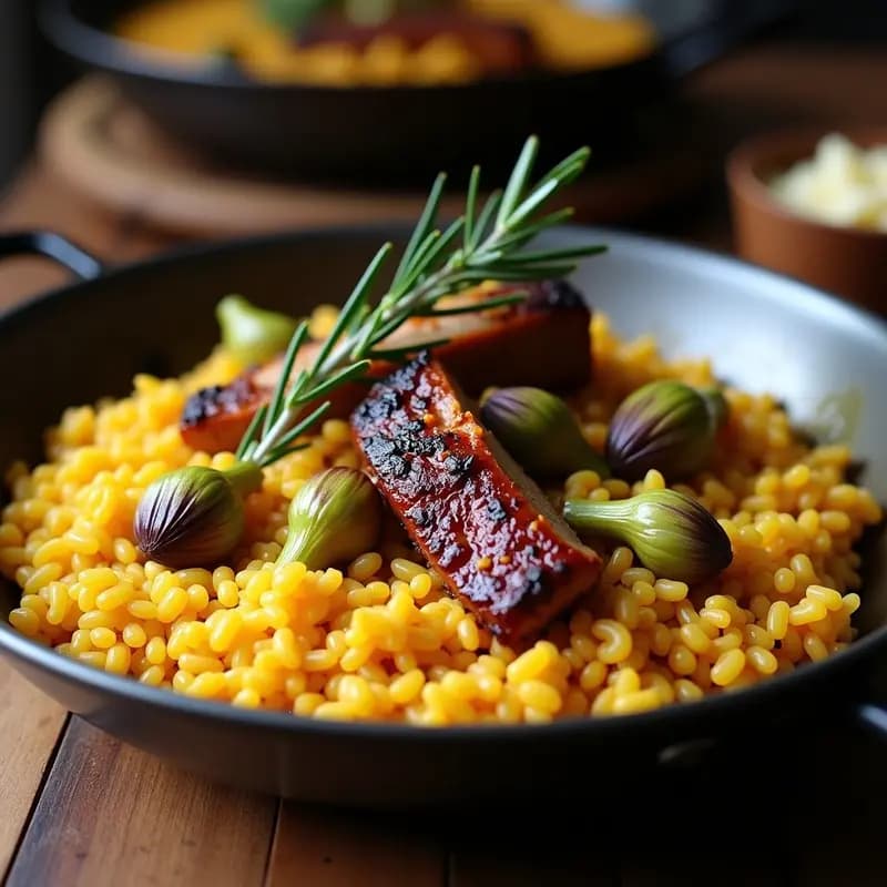 Paellera de acero con arroz meloso, costillas de cerdo doradas y alcachofas tiernas, decorada con una rama de romero fresco. Plato tradicional valenciano de arroz con costillas y alcachofas.