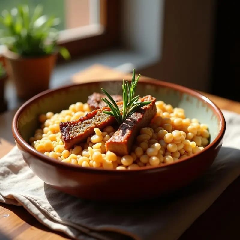 Plato hondo de barro con arroz con costillas de cerdo y garrofó, receta valenciana de montaña en olla rápida. El arroz meloso rodea trozos de costillas doradas y garrofó blanco, decorado con una rama de romero fresco.
