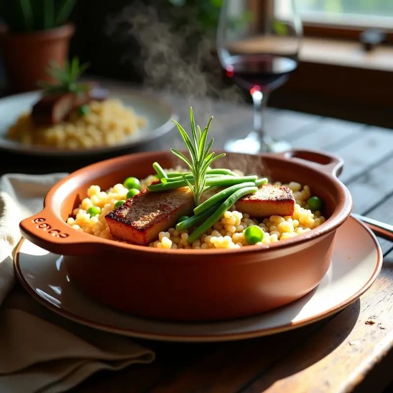 Cazuela de barro humeante con arroz con costillas de cerdo y judías verdes, receta valenciana tradicional, servida en un plato rústico de cerámica.