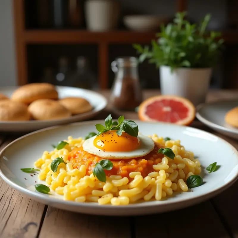 Cazuela de barro humeante con arroz con costra de huevos y embutidos valenciana, mostrando el arroz meloso, trozos de chorizo y morcilla, y una costra dorada de huevo crujiente en la superficie.