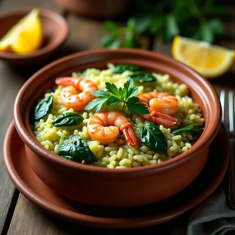 Cazuela de barro con arroz cremoso de color verde pálido, espinacas frescas y gambas rosadas. Plato humeante con decoración de limón y perejil, receta arroz cremoso con espinacas y gambas.