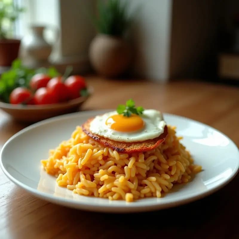 Plato hondo blanco con arroz a la cubana humeante, cubierto por una salsa de tomate casera y un huevo frito con yema líquida en el centro. Fondo de cocina rústica con ingredientes como tomate y cebolla.
