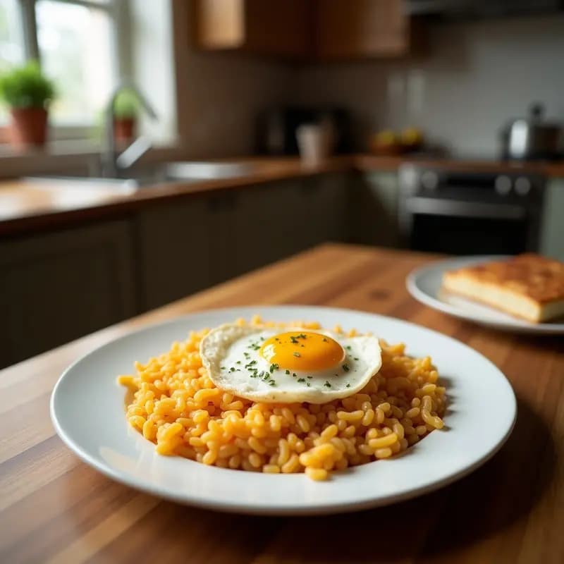 Plato blanco con arroz a la cubana cubierto de salsa de tomate casera y un huevo frito con yema líquida encima. Acompañado de guisantes y un tenedor junto al plato, en una mesa de madera rústica.