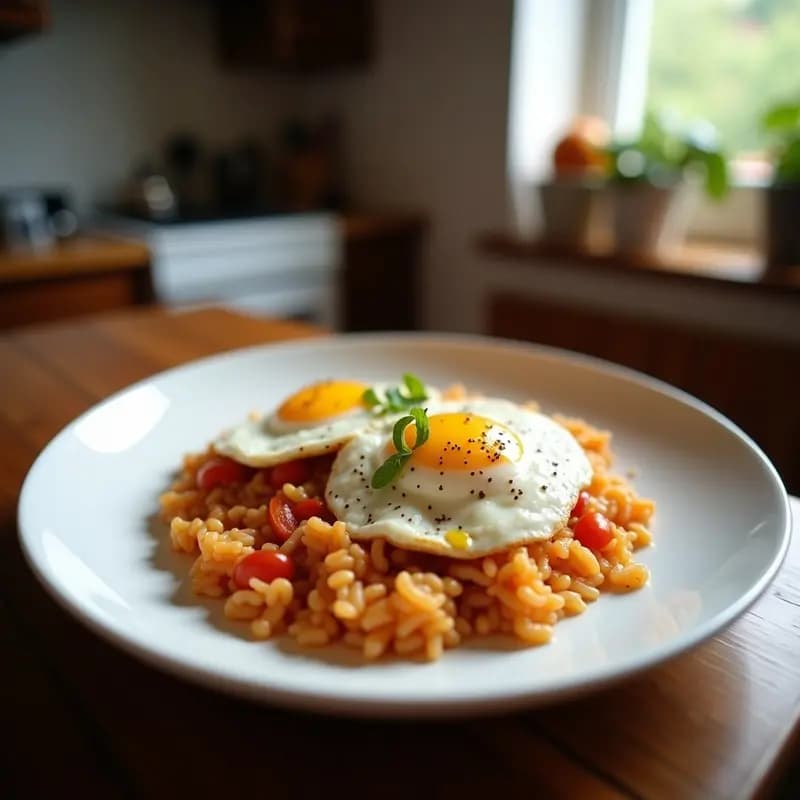 Plato blanco con arroz a la cubana, cubierto de salsa de tomate casera y un huevo frito con yema líquida encima. Fondos borrosos de cocina tradicional española.