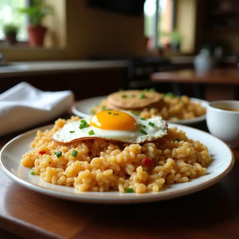 Plato hondo de barro con arroz a la cubana: base de arroz blanco cubierto con salsa de tomate casera, rodajas doradas de plátano macho frito y un huevo frito con yema líquida en el centro. Textura cremosa y colores vibrantes.