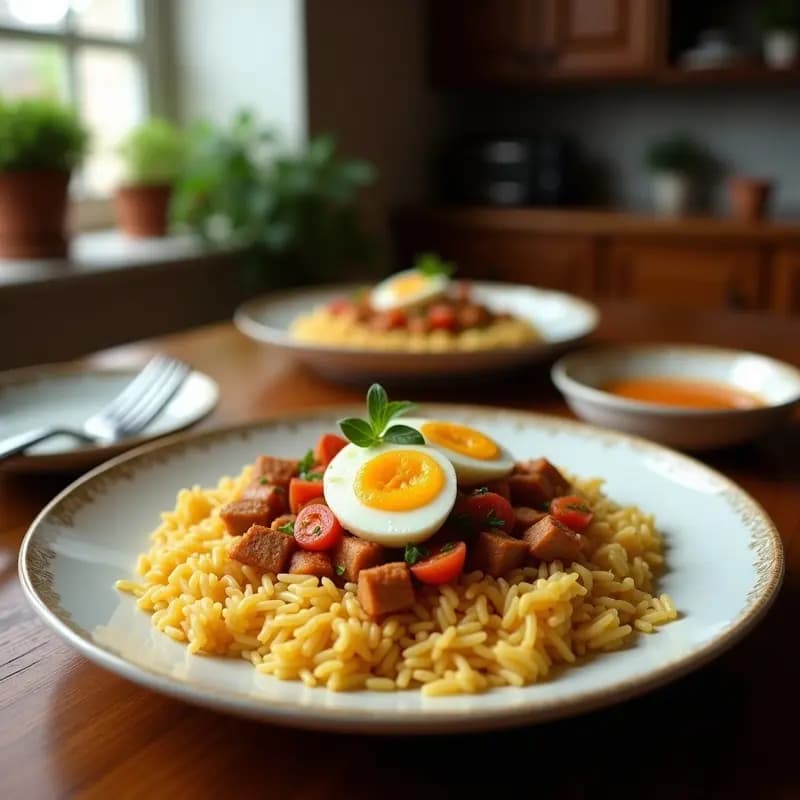 Plato blanco con arroz a la cubana esponjoso, rodajas doradas de plátano macho frito y huevos escabechados con yema líquida, servido con un toque de perejil. Receta tradicional revisitada.