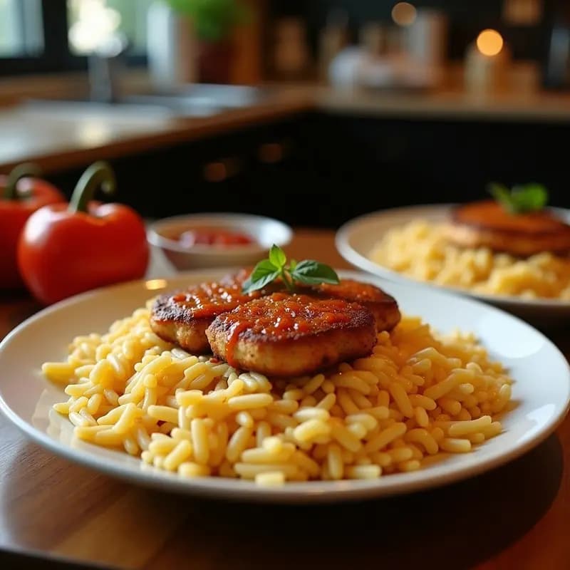 Plato blanco con arroz a la cubana, rodajas doradas de plátano macho frito, huevo frito con yema líquida y salsa brava espesa y brillante por encima. Fondos borrosos de cocina tradicional.