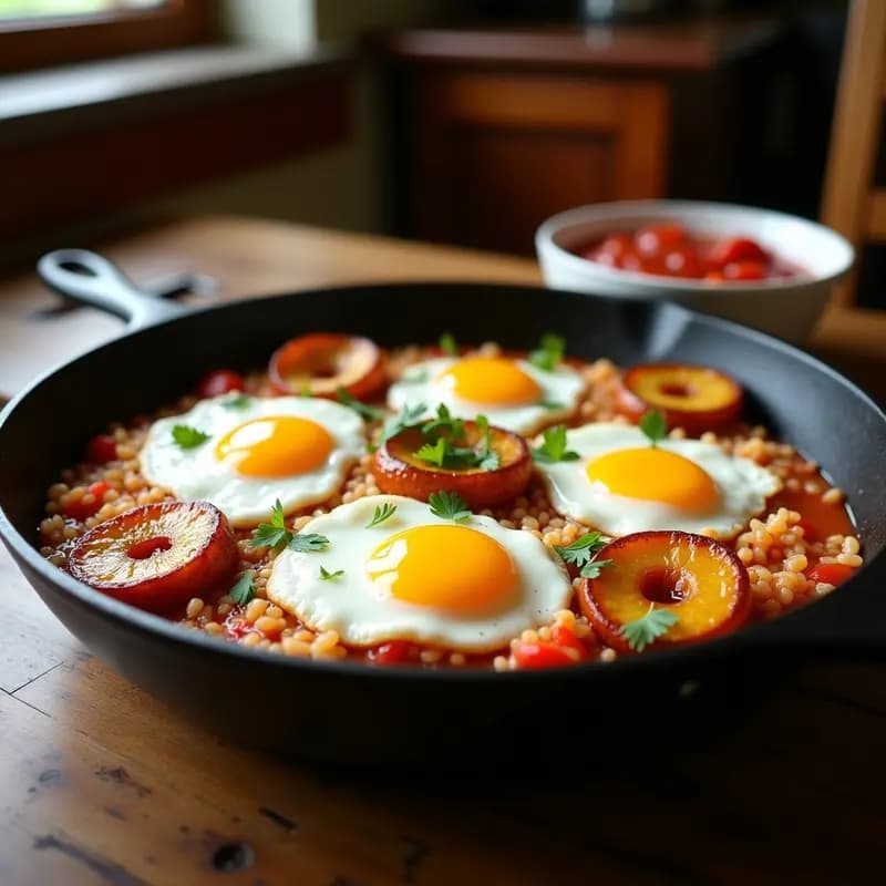 Sartén antiadherente con arroz a la cubana, huevos fritos con yema líquida, rodajas de plátano maduro caramelizado y perejil fresco espolvoreado, receta tradicional española revisitada.