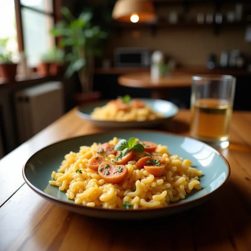 Plato blanco con arroz a la cubana, huevo frito con yema líquida, rodajas de plátano maduro dorado y salsa de tomate casera espesa. Receta fácil y tradicional para niños.