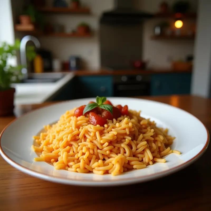 Plato de arroz a la Cubana con salsa Braga, huevo frito, rodajas de plátano maduro caramelizado y un chorrito de vinagre, sobre fondo rústico de madera.