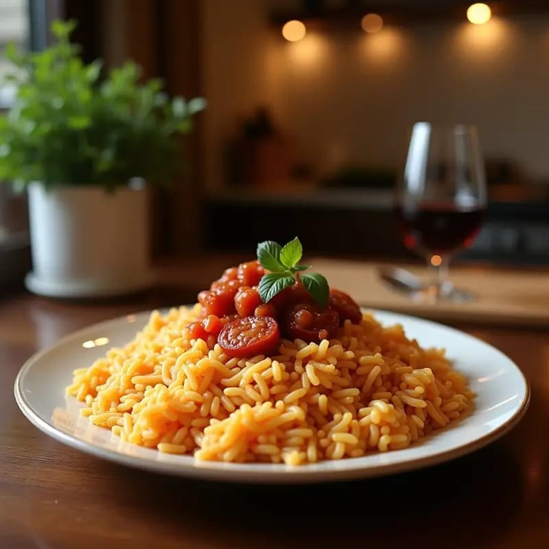 Plato hondo de barro con arroz a la cubana, huevo frito encima, rodajas de plátano maduro dorado y chorizo. Cubierto con salsa brava espesa y brillante, decorado con perejil fresco.