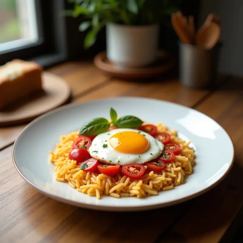 Plato blanco con arroz a la cubana cubierto de salsa de tomate casera y un huevo frito con yema líquida encima, decorado con perejil fresco.
