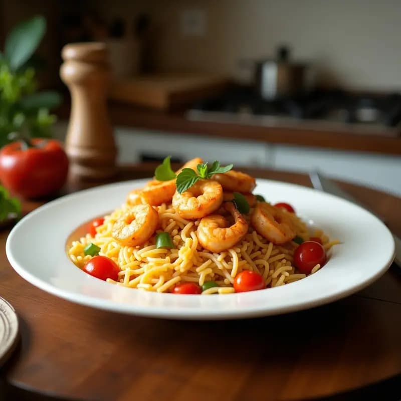 Bol hondo negro con arroz frito de coliflor dorado, gambas rosadas salteadas, zanahoria, pimiento rojo y espárragos en juliana, decorado con semillas de sésamo y cebollino. Receta china low-carb en airfryer.