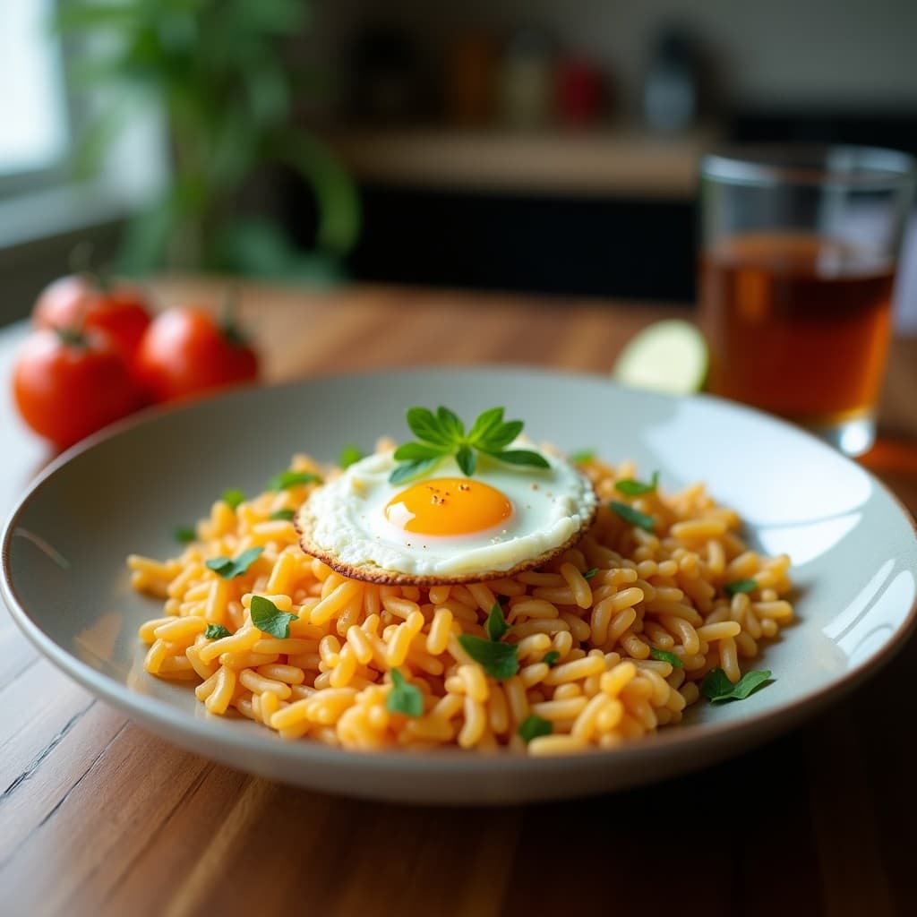 Plato hondo de cerámica blanca con arroz frito de coliflor dorado, huevos en trozos esponjosos, zanahoria, pimiento verde y cebolla morada salteados, decorado con cebollino fresco y semillas de sésamo. Receta keto en airfryer, textura crujiente y color vibrante.