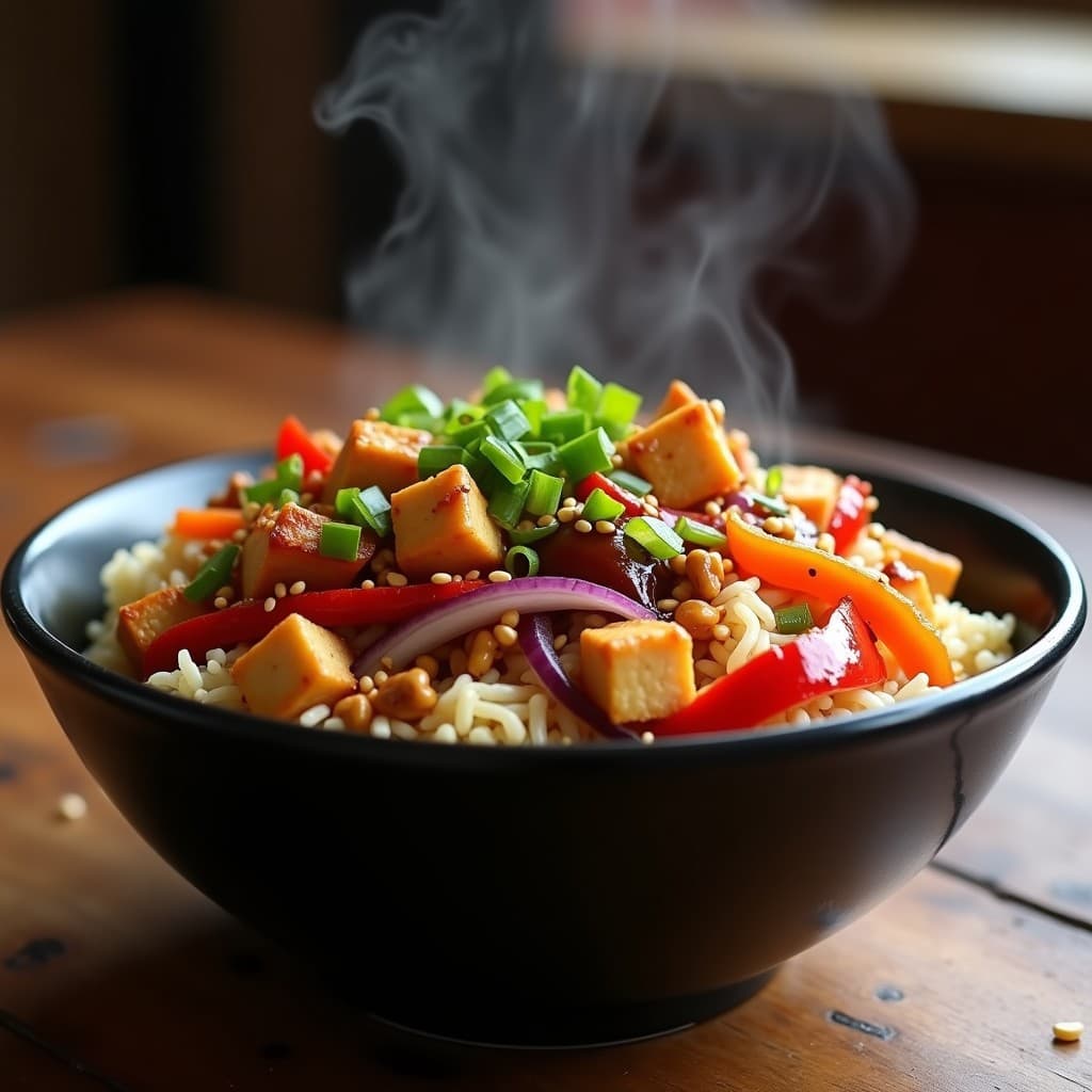 Plato hondo de cerámica negra con arroz frito de coliflor de color blanco amarillento, trozos dorados de tofu, verduras coloridas y salsa hoisin brillante. Decorado con semillas de sésamo y cebollino picado. Receta china vegana en olla exprés.