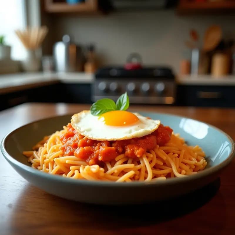 Plato hondo de cerámica negra con arroz frito coreano dorado, trozos de kimchi rojo, cebolla morada, zanahoria y un huevo frito con yema líquida encima. Espolvoreado con semillas de sésamo y cebollino fresco. Receta de arroz frito coreano con kimchi y huevo en airfryer con toque picante.
