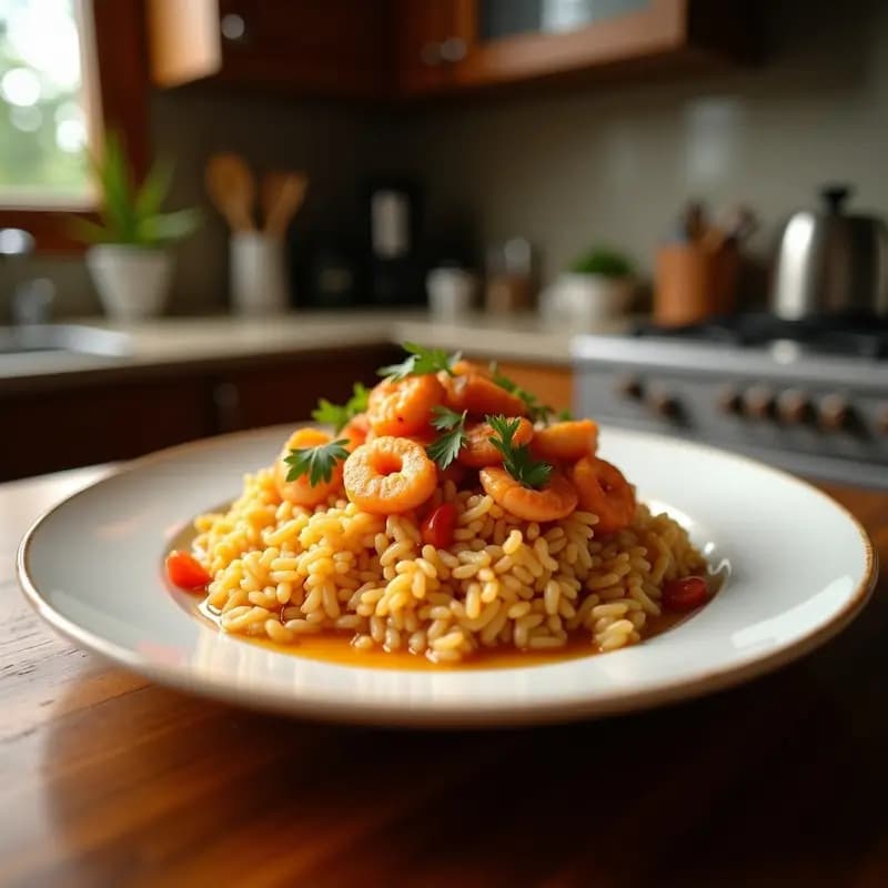 Plato hondo de cerámica blanca con AFC (arroz frito cubano) dorado, camarones rosados salteados, guisantes verdes y huevo revuelto, decorado con cilantro fresco y una rodaja de limón. Fondo rústico de madera con ingredientes frescos al lado.